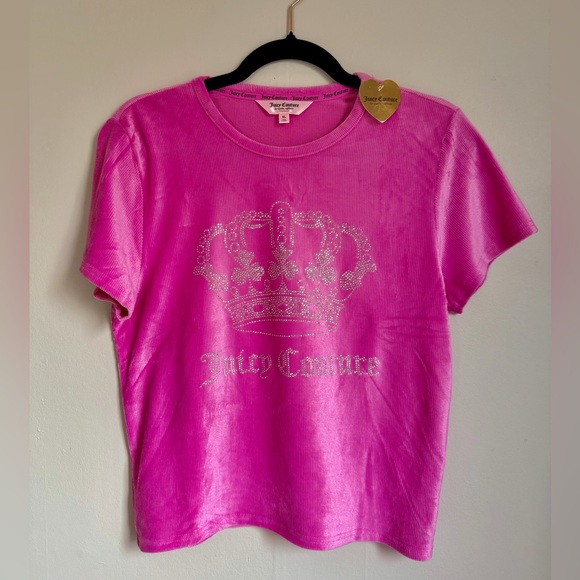Juicy Couture Tops - Juicy Couture Pink Rhinestone Crown Top Y2K Baby Tee XL Bratz Barbiecore